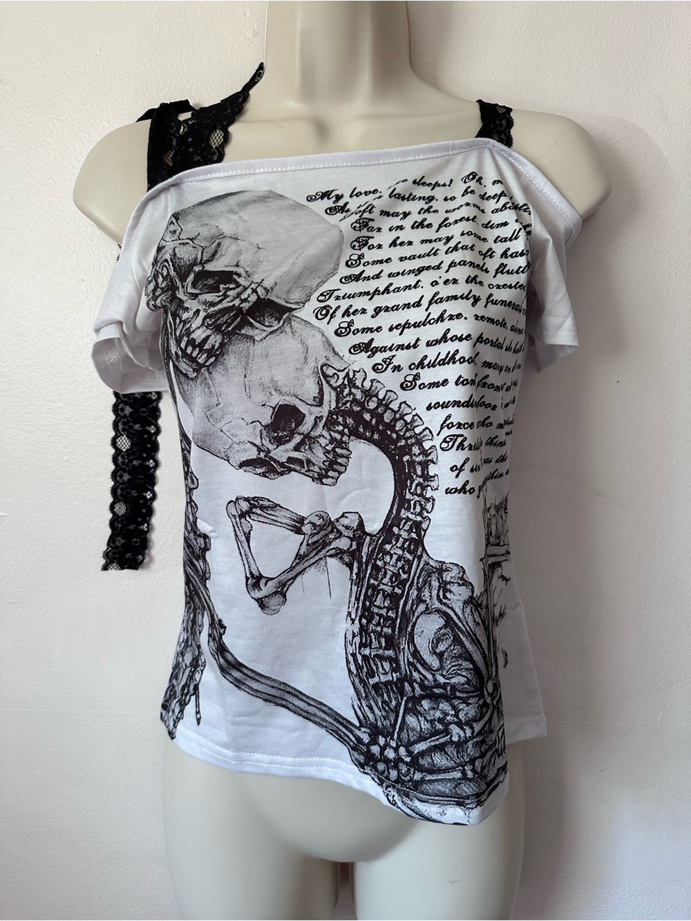 White & Black Skeleton Print Off-Shoulder Women's Top